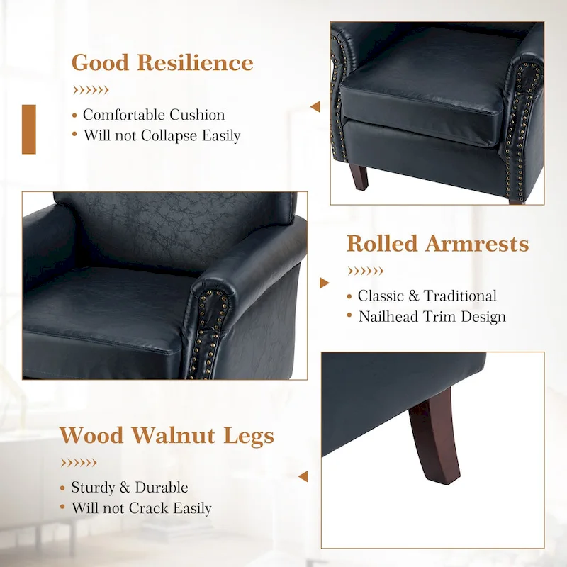 Levi Transitional Leather Armchair with Nailhead Trim Rolled Arms by HULALA HOME