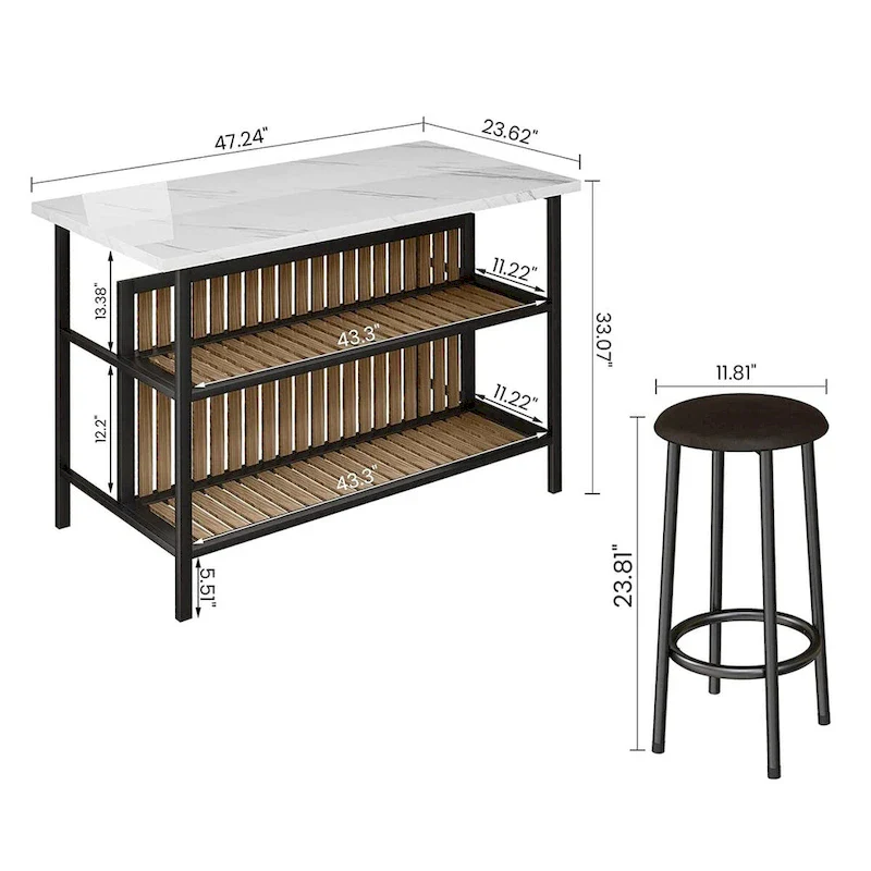 Grondin Mid-Century Modern 3-Piece Faux Marble Top Kitchen Island Set with 2 Stools and Shelves - N/A