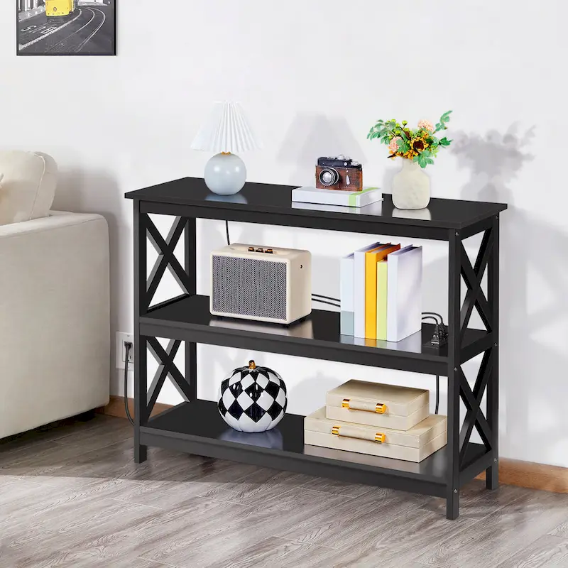 Yaheetech 3-Tier Wooden Console Table with Power Outlet Sofa Side Table