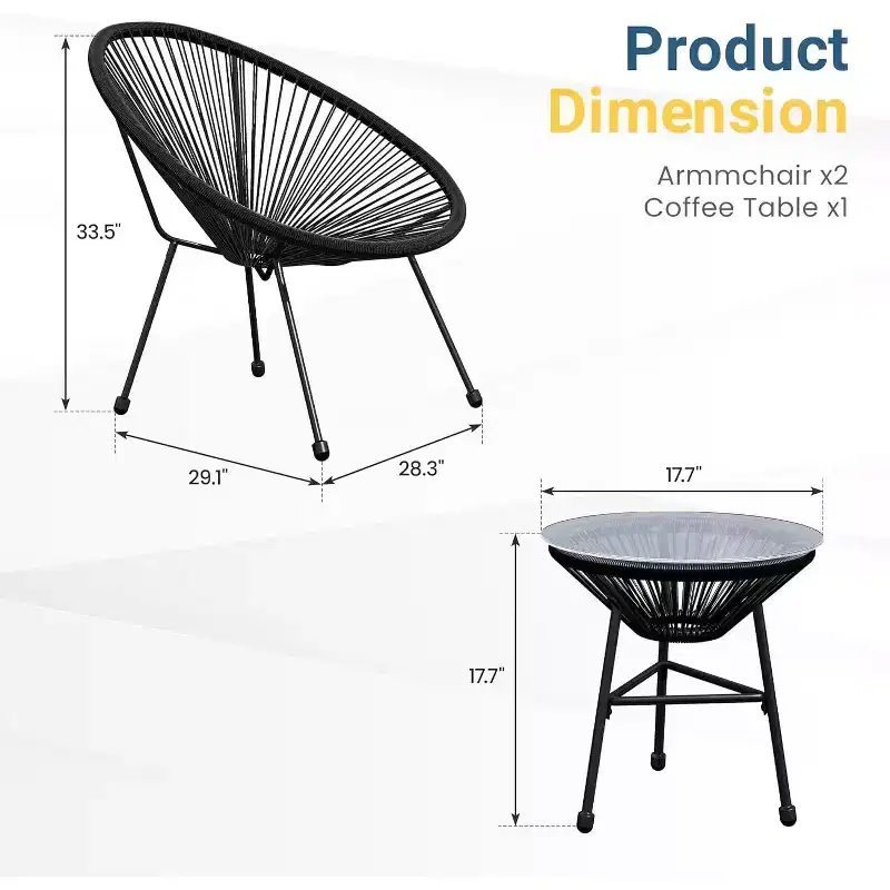 Heynemo 3 Piece Patio Bistro Set, Outdoor Acapulco Chair and Table Set, All-Weather Patio Furniture Set for Yard Balcony Poolside