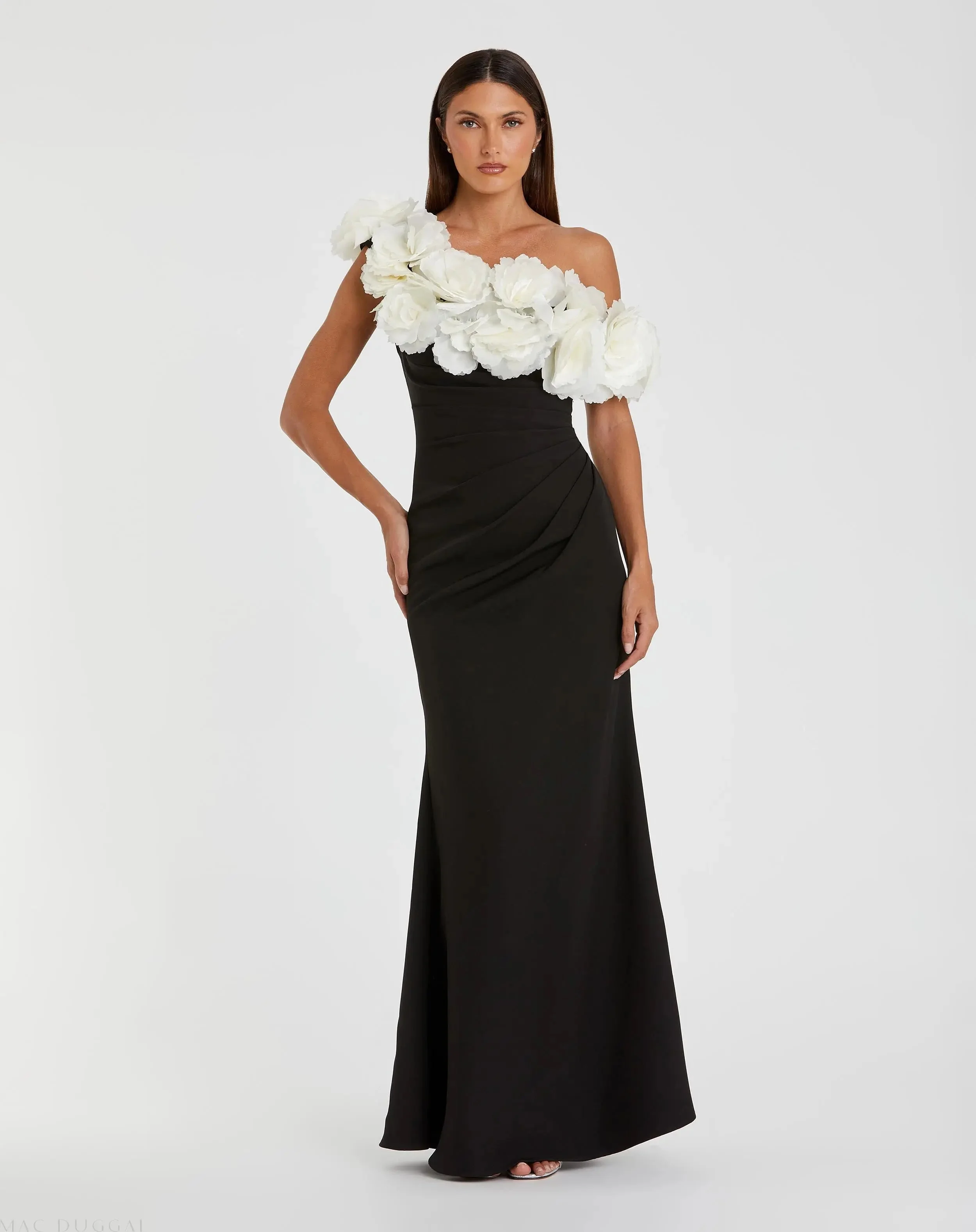 Black and White Jersey Gown With 3D Flower Off The Shoulder Detail