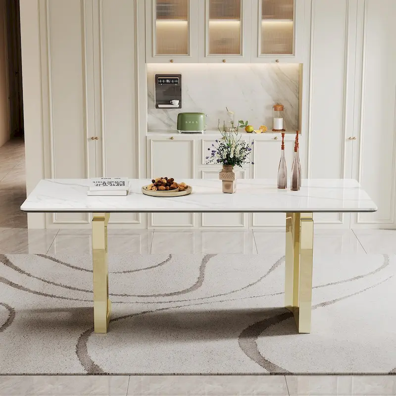 0.47 Thick Sintered Stone Composite Tempered Glass Top Rectangular Dining Table with Stainless Steel Base