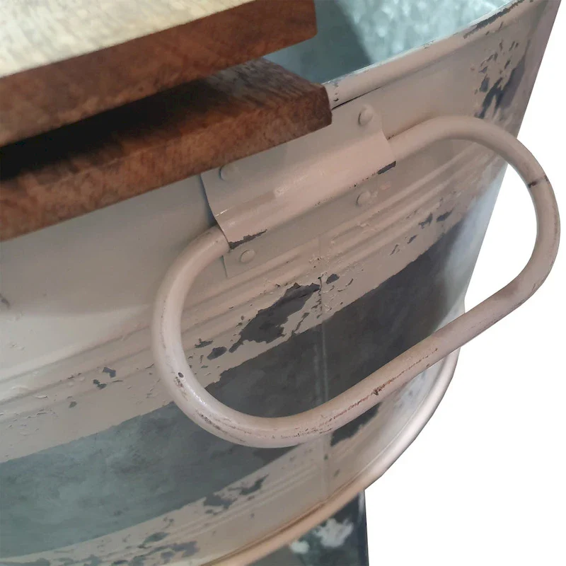 26 inch Accent Round Cocktail Table, Tub Like Iron Base, Brown, Gray, Washed White