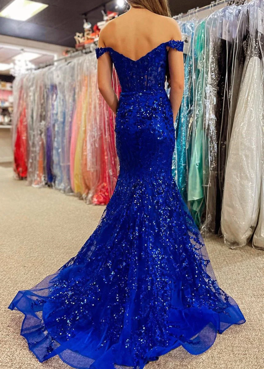 Gold Sequin Lace Off the Shoulder Mermaid Prom Dress