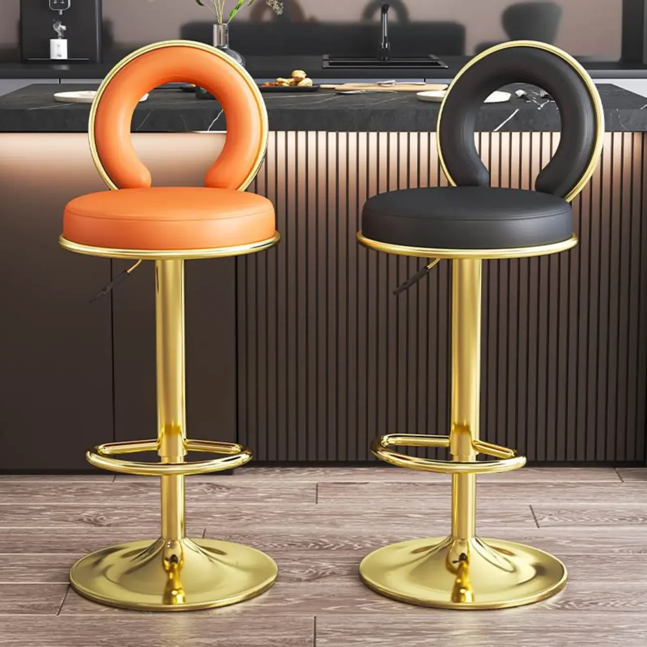 Glam Round Adjustable Leather Swivel Bar Stool with Back