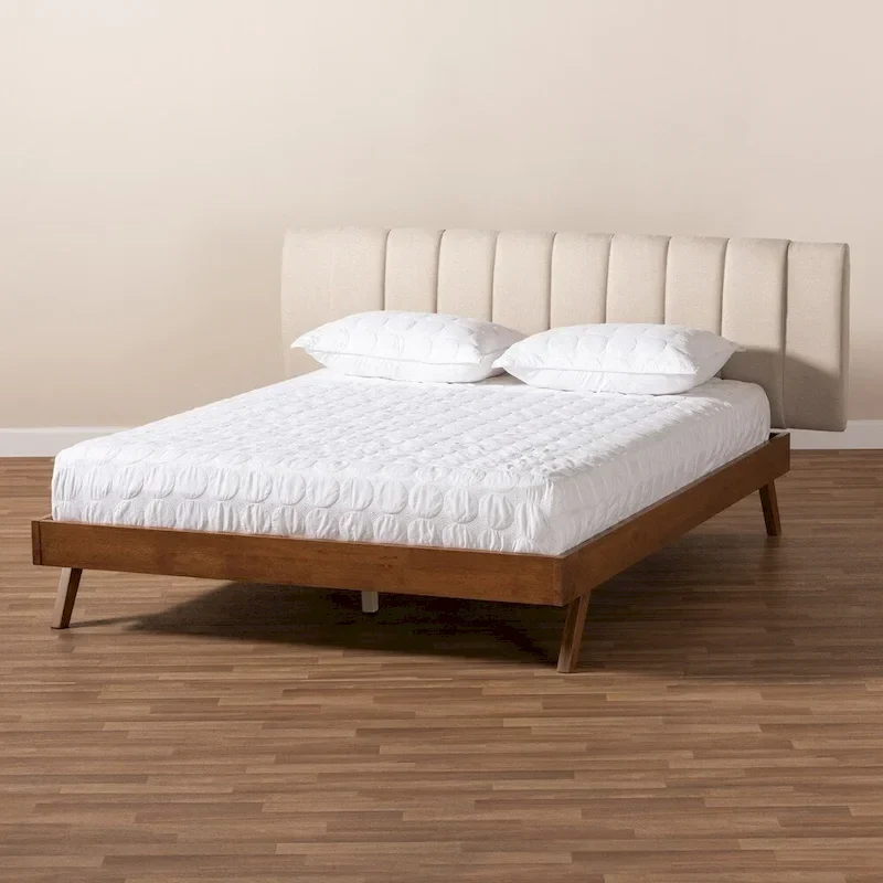 Brita Mid-Century Modern Light Beige Fabric Upholstered Walnut Finished Wood Bed