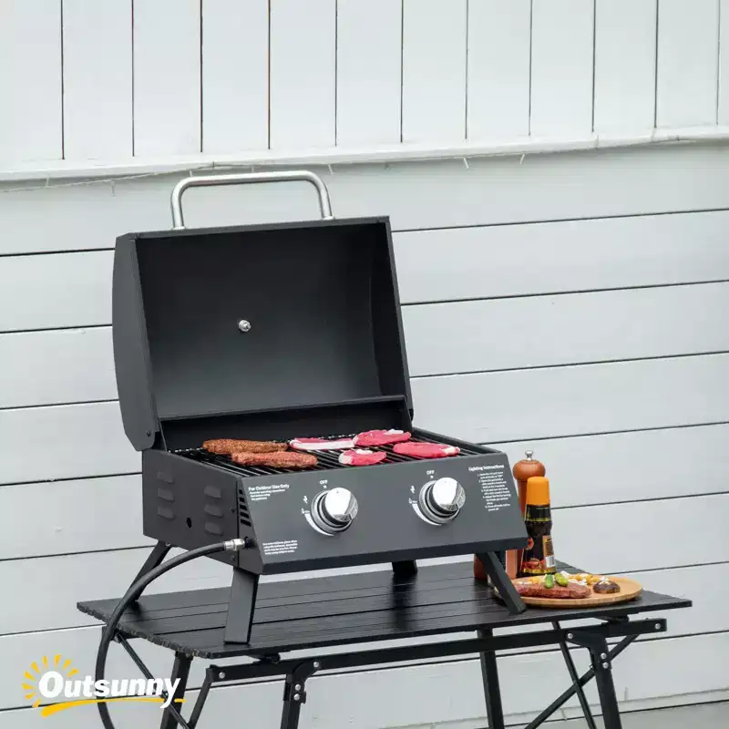 21.75 Charcoal BBQ, Portable Grill with 2 Burners, Folding Legs, Removable Ashtray, Thermometer, for Outdoor Cooking, Camping, Black