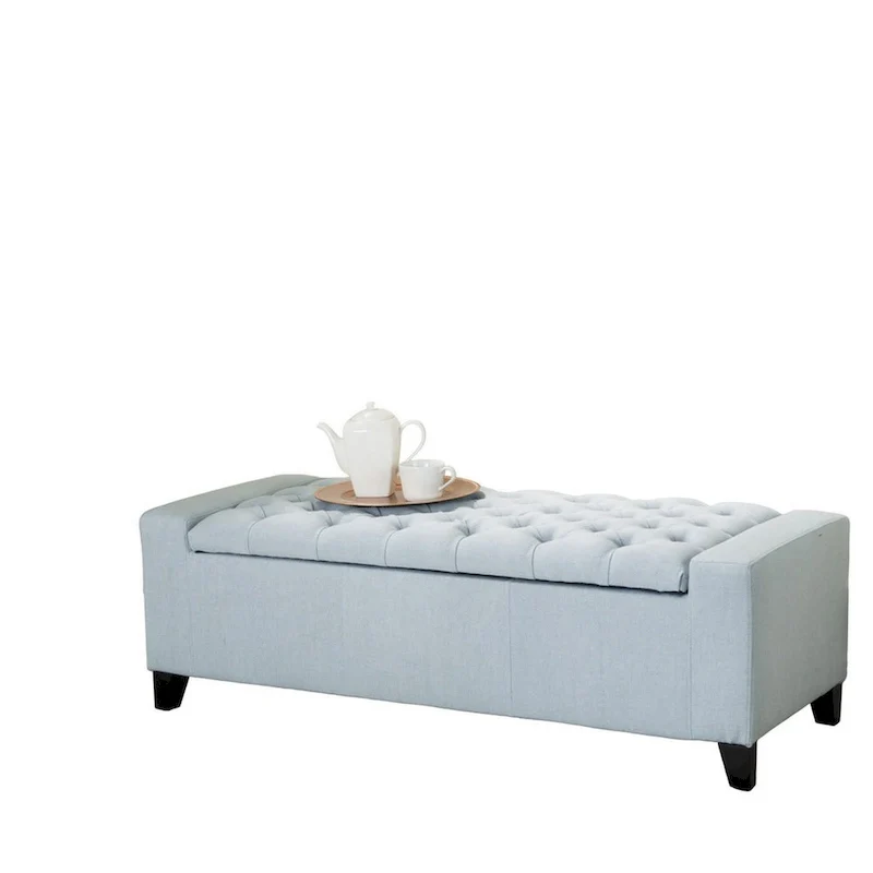 Light Blue Fabric Storage Ottoman Bench with Tufted Top – 51 Inch