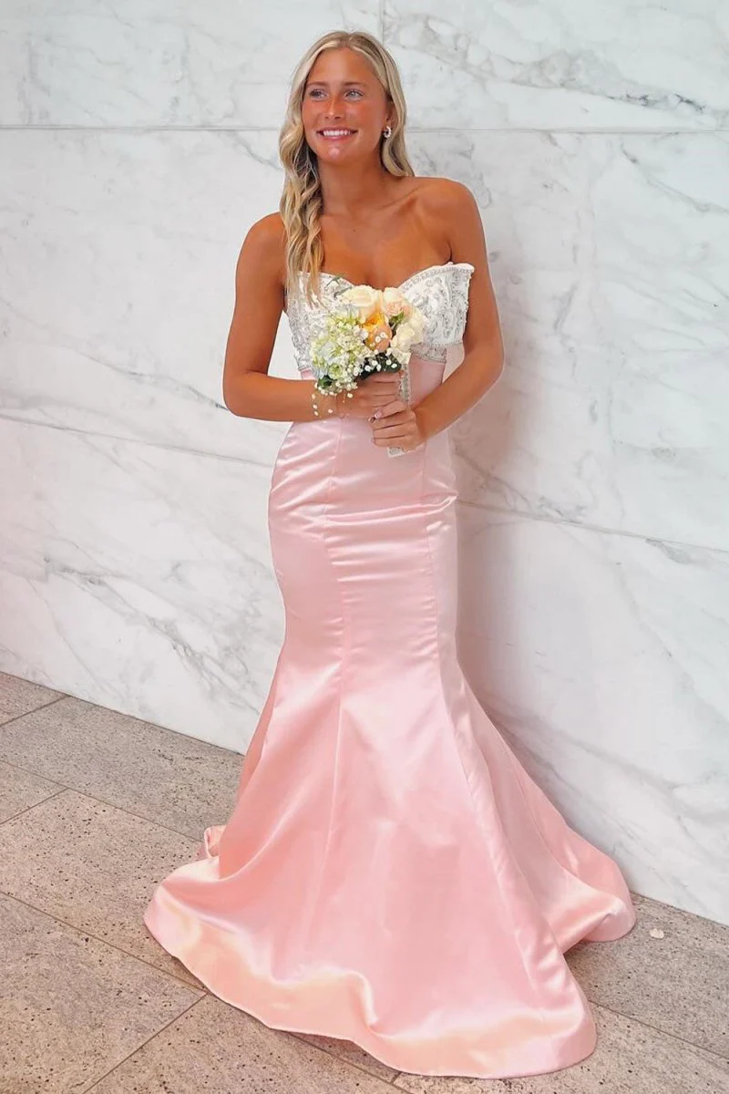 Pink Mermaid Satin Strapless Long Prom Dresses with Beaded Bow