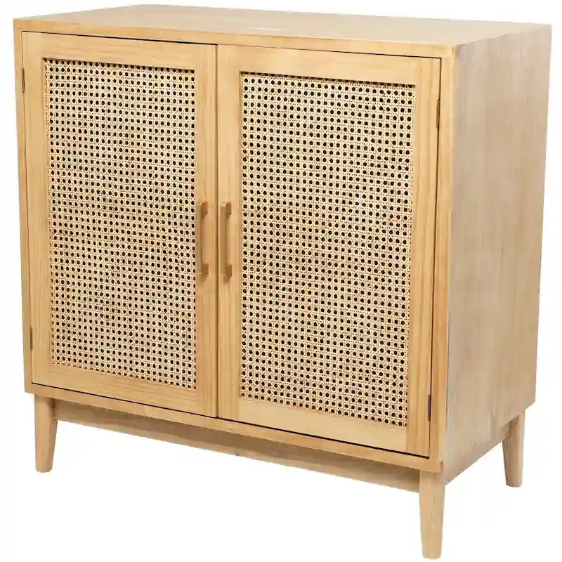 Wood 1 Shelf and 2 Door Cabinet with Cane Front Doors and Gold Handles - Light Brown or or Black - Roche River Decor
