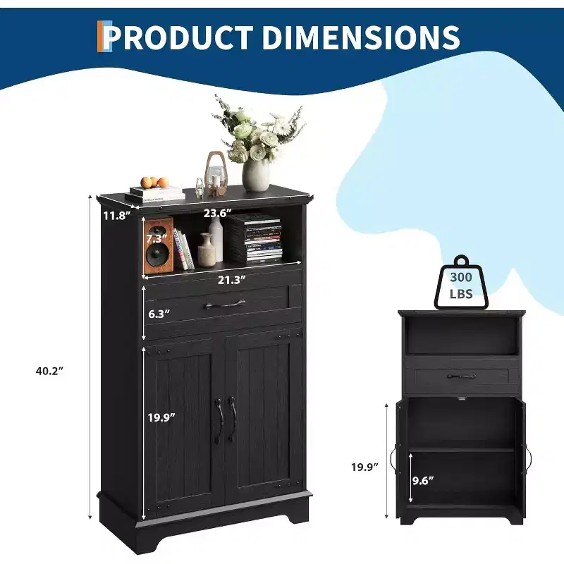 DobleePy Farmhouse Storage Cabinet with Doors and Drawer, Freestanding Floor Cabinet Organizer for Kitchen, Bathroom, Bedroom, or Living Room