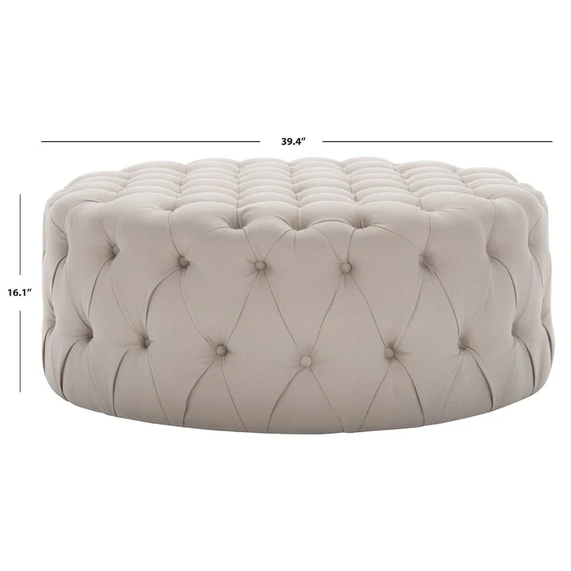 Round Button-Tufted Linen Ottoman – Mushroom / Grey / Antique Gold / Wheat / Bordeaux / Navy / Taupe, Single