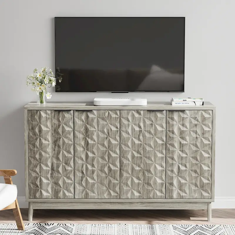Gray Modern Sideboard – 4 Diamond-Relief Doors, 3 Adjustable Shelves, 1 User
