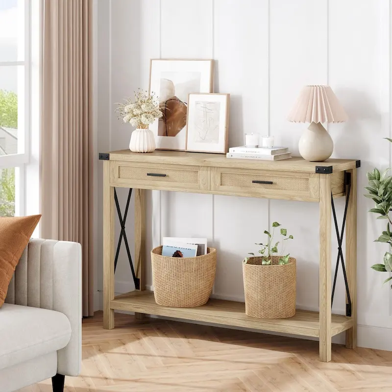 Console Table with Rattan Drawers, Farmhouse Sofa Table