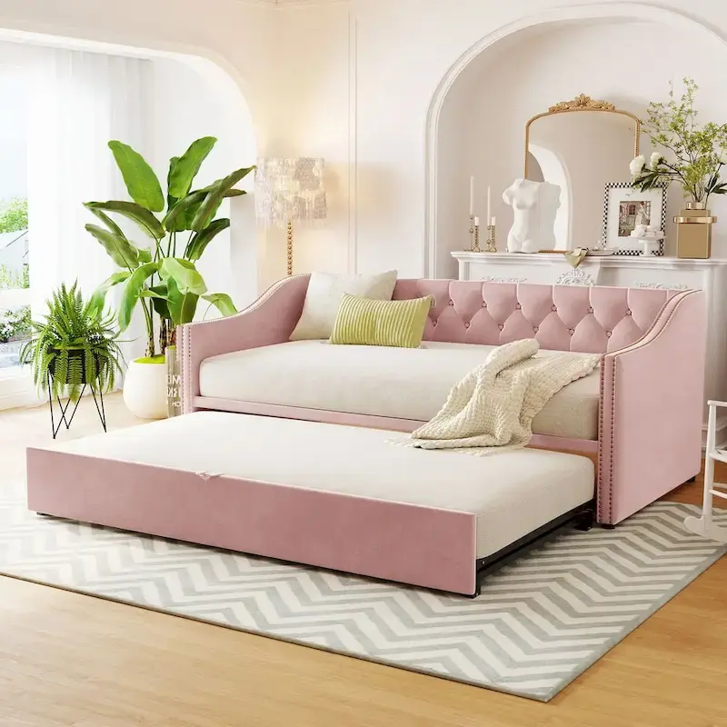 Twin Size Upholstered daybed with Pop Up Trundle, Pink