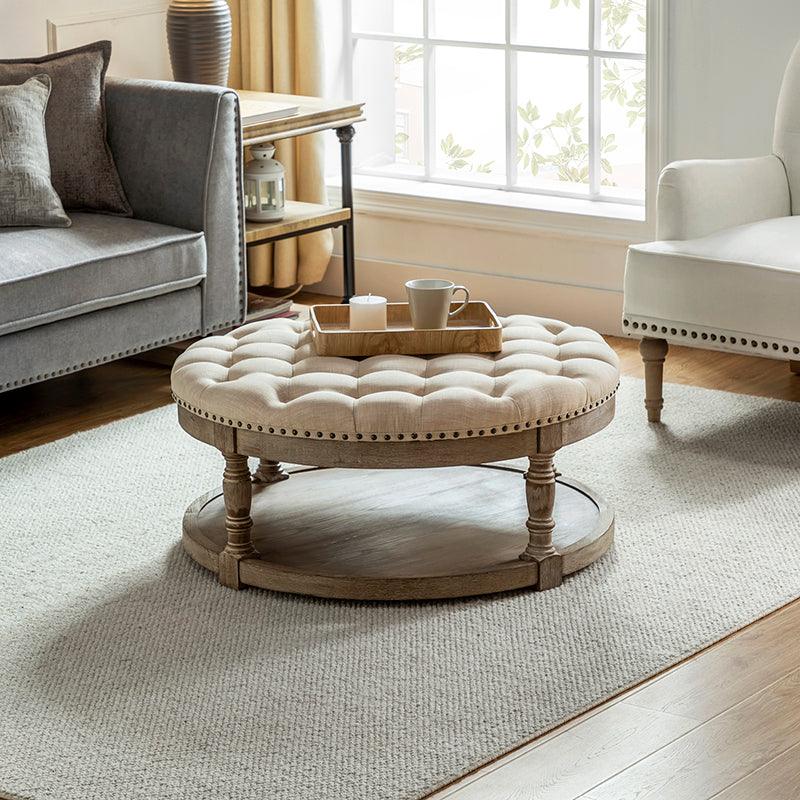 Round Button-Tufted Ottoman Coffee Table with Nailhead Trim, Storage Shelf & Solid Wood Legs | Linen / Ivory / Blue / Grey | Single
