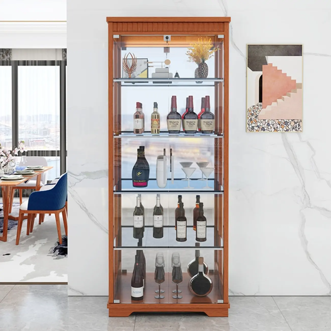 Modern Natural Wood Wine Rack with Glass Shelf