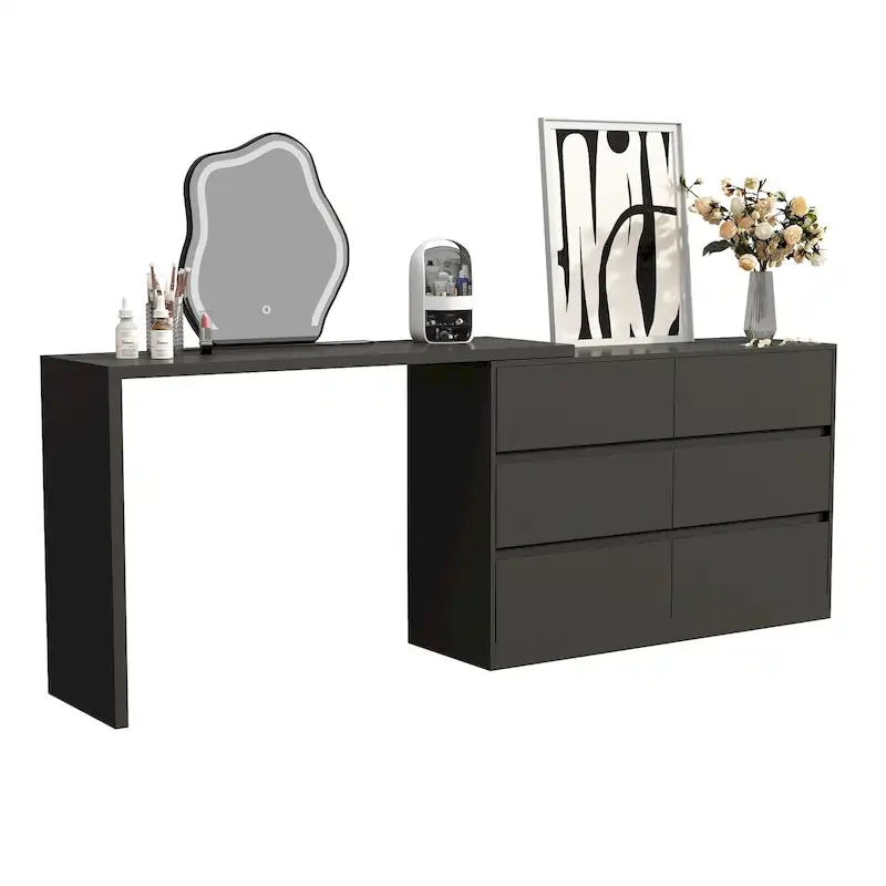 White/Black 6-Drawer Rotating Dresser & Desk Combo, 1-Person