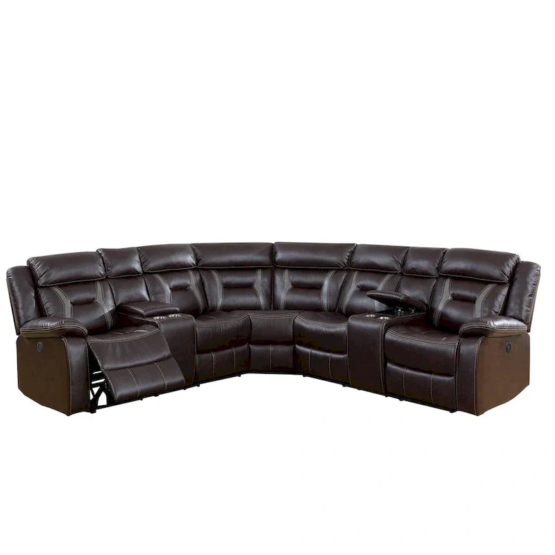 Brown Reversible Power Reclining Sectional Sofa, 3-Seat, Faux Leather