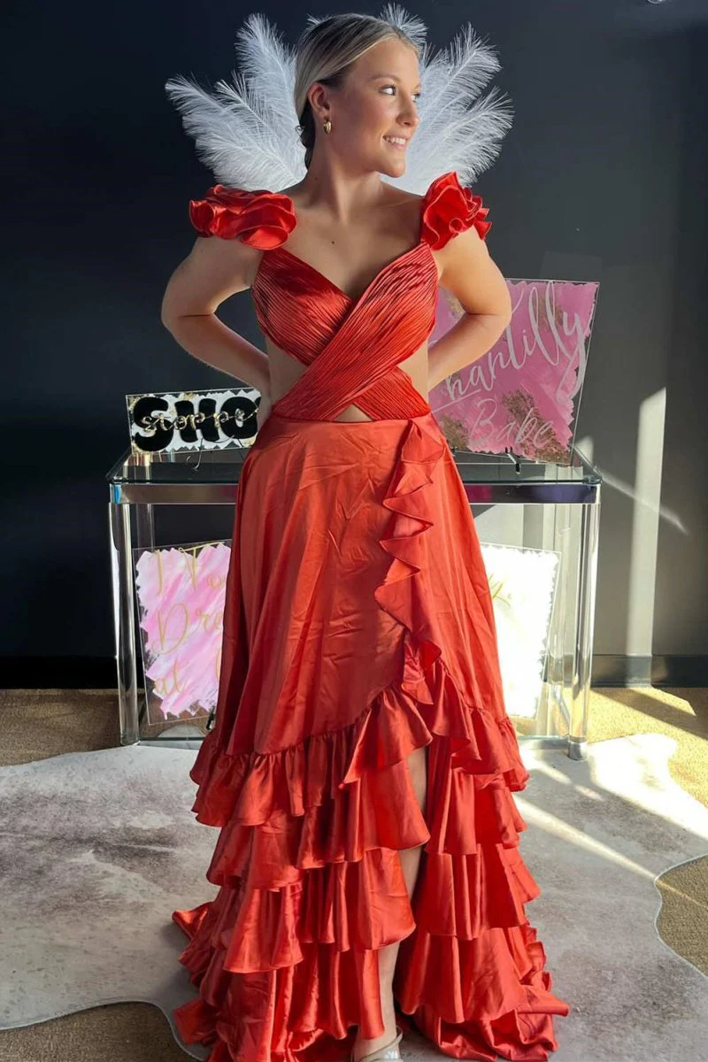Red Cutout Ruffle A-Line Long Prom Dress with Slit