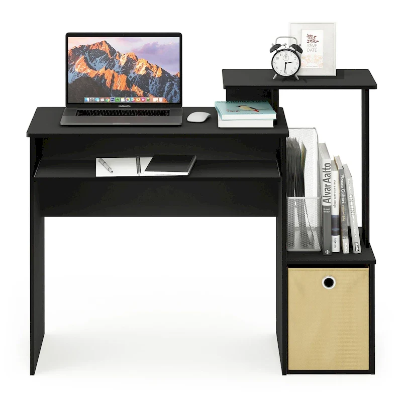 Home Office Desk with Storage Shelf, Keyboard Tray and Fabric Bin