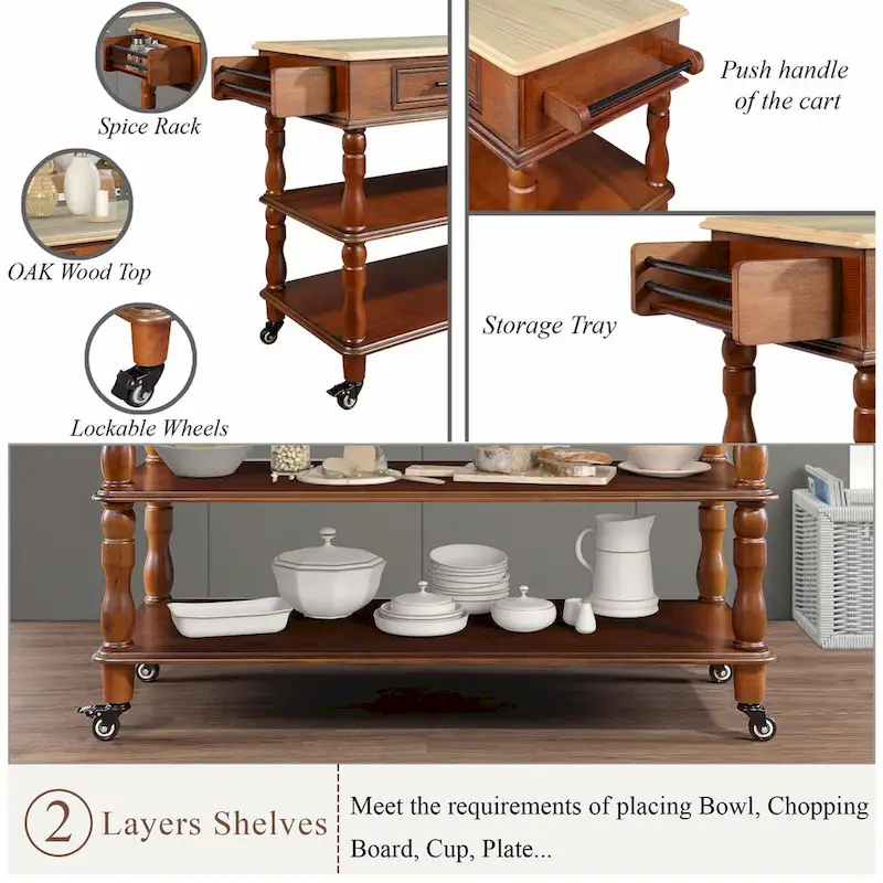 Rolling Kitchen Island Cart with Solid Oak Wood Top, Wine and Spice Rack