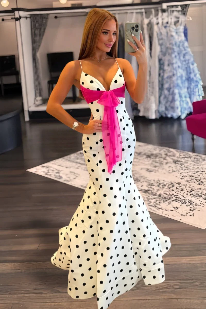Fuchsia Spaghetti Straps Polka Dots Mermaid Formal Prom Dresses With Bow