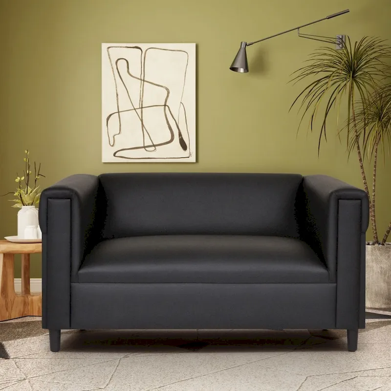 Mid Century Modern Loveseat Sofa Faux Leather Solid Wood Frame Upholstered