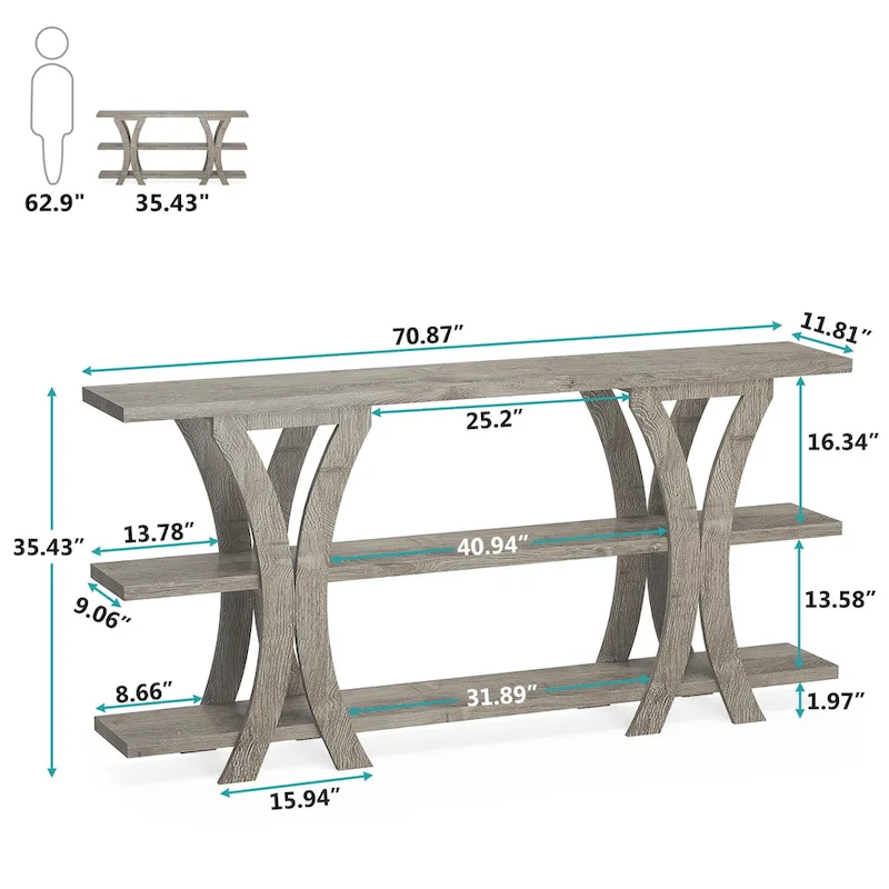 70.8 Inch Narrow Console Table with 3 Tier Shelves
