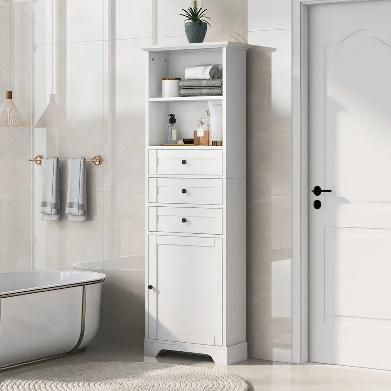 68 Tall Freestanding Bathroom Cabinet with 3 Drawers and Adjustable Shelves