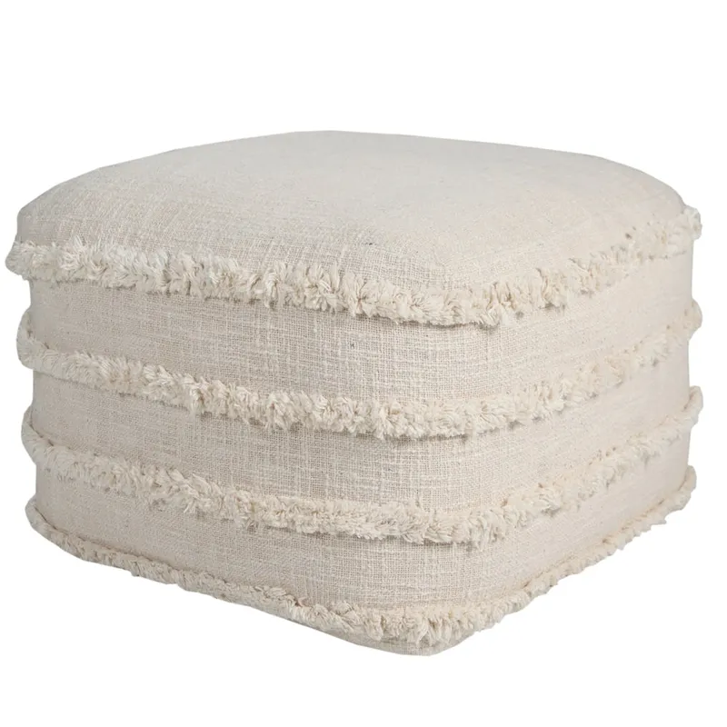 HomeRoots 18 Cream Cotton Tufted Cube Striped Pouf Ottoman