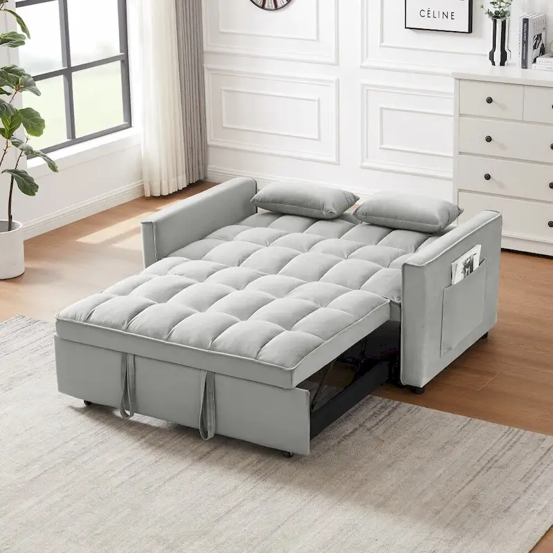 3 in 1 Convertible Velvet Sofa Couch w/Pullout Bed and Reclining Backres