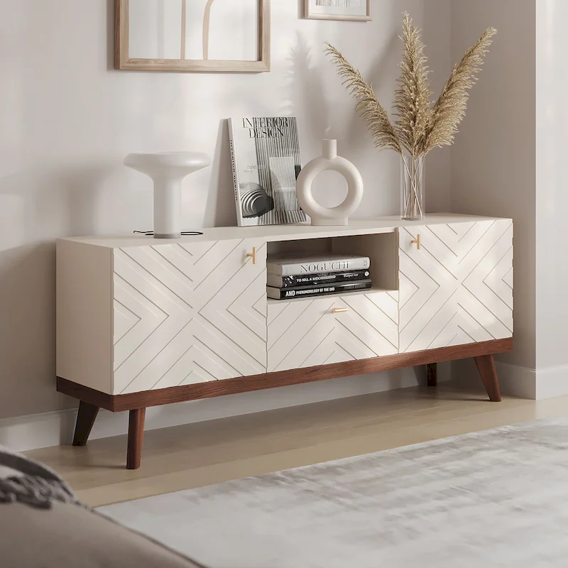 Beige TV Stand Console with Drawer Fits TV's up to 65 in. with Wood Legs Mid Century Modern Design