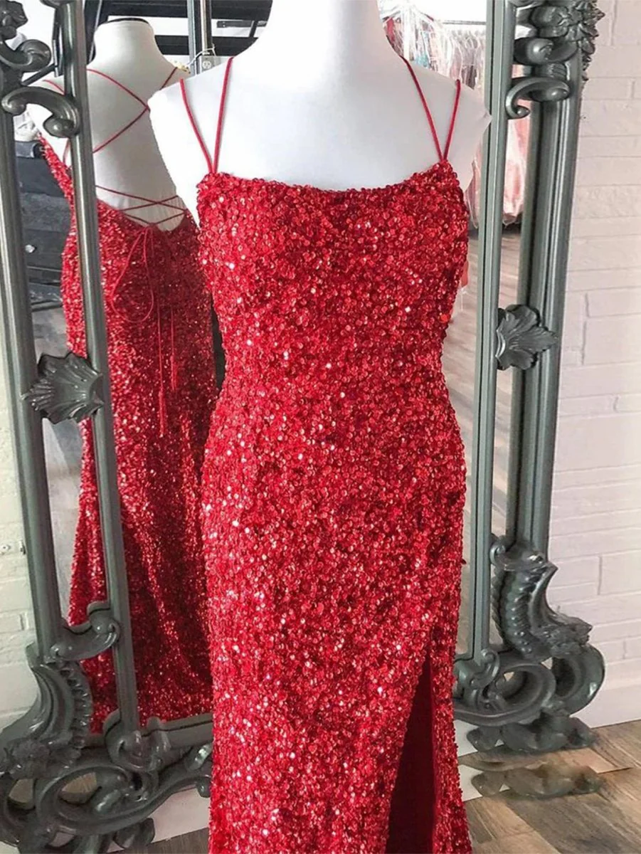 Mermaid Spaghetti Straps Long Sequins Prom Dress