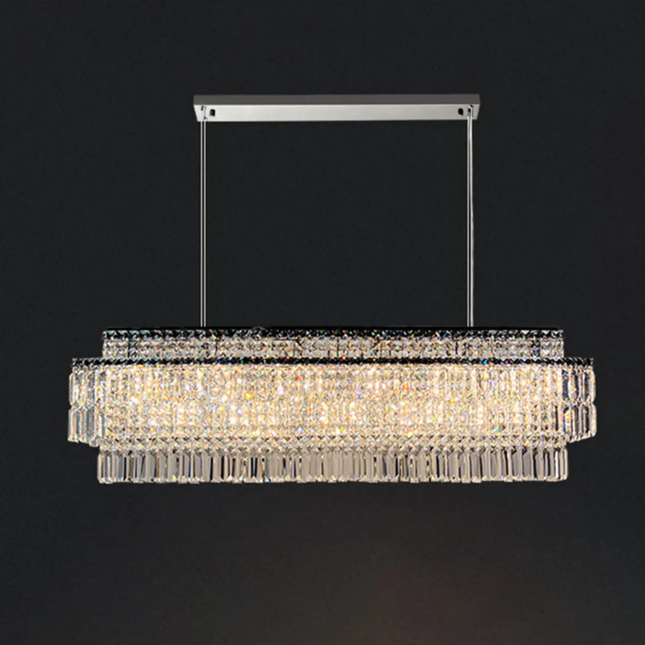 Modern Rectangle 2-Tier Crystal Island Pendant Light for Kitchen