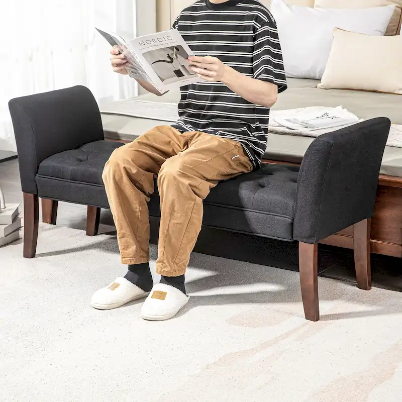 Beige Button-Tufted Upholstered Bench with Arms - 55