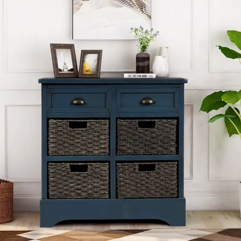 28 Wood 2 Drawers Storage Cabinet with 4 Rattan Basket