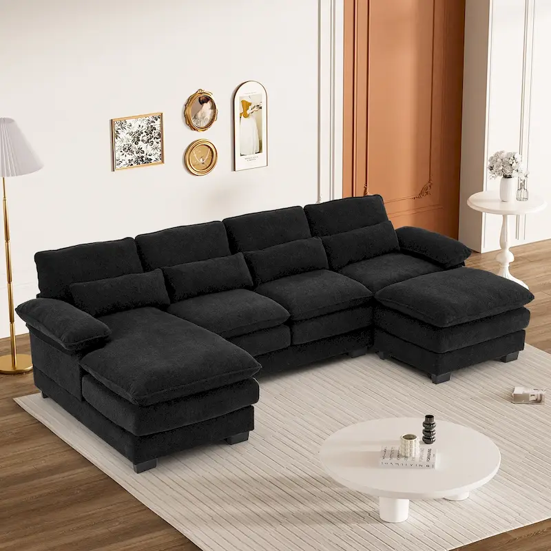Soft Chenille Fabric U-Shaped Sectional Sofa with Double Layer Cushion