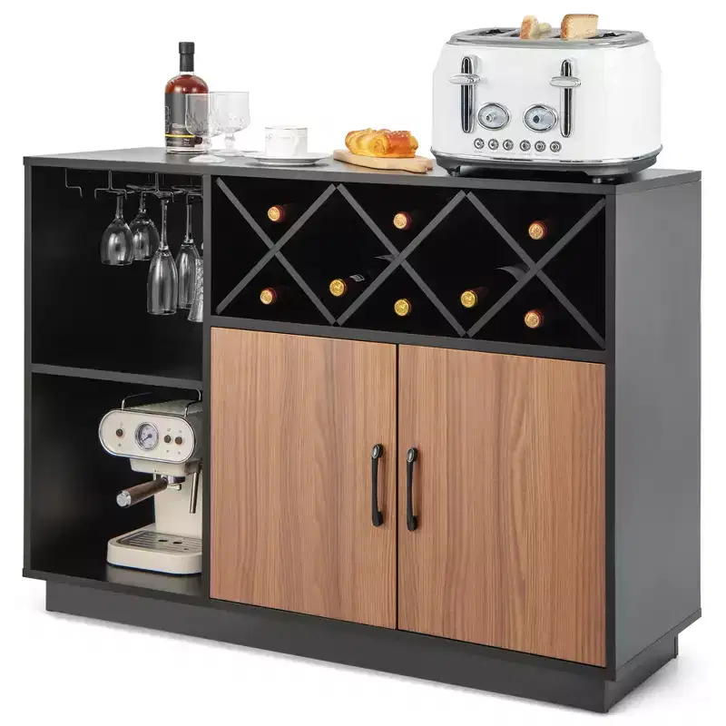 Industrial Wine Bar Cabinet Sideboard Buffet with Glass Holder & Adjustable Shelf, 45.5