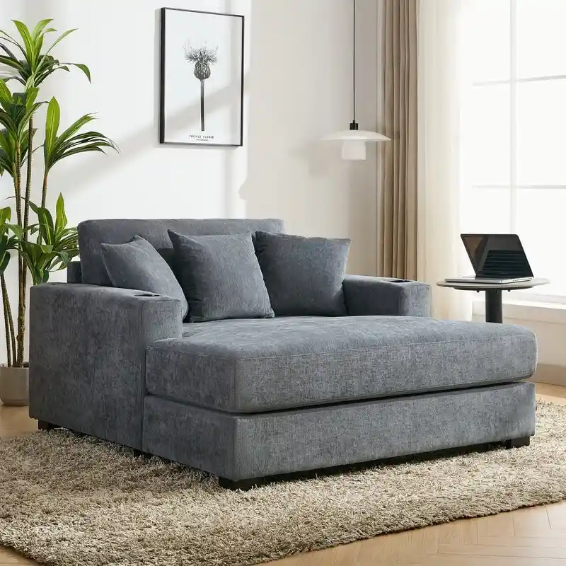 Chenille Fabric Oversized Chaise Lounger, 39.7/43.5/55 Chair Bed Sofa Couch with Pillows, Charge Station & Cup Holders
