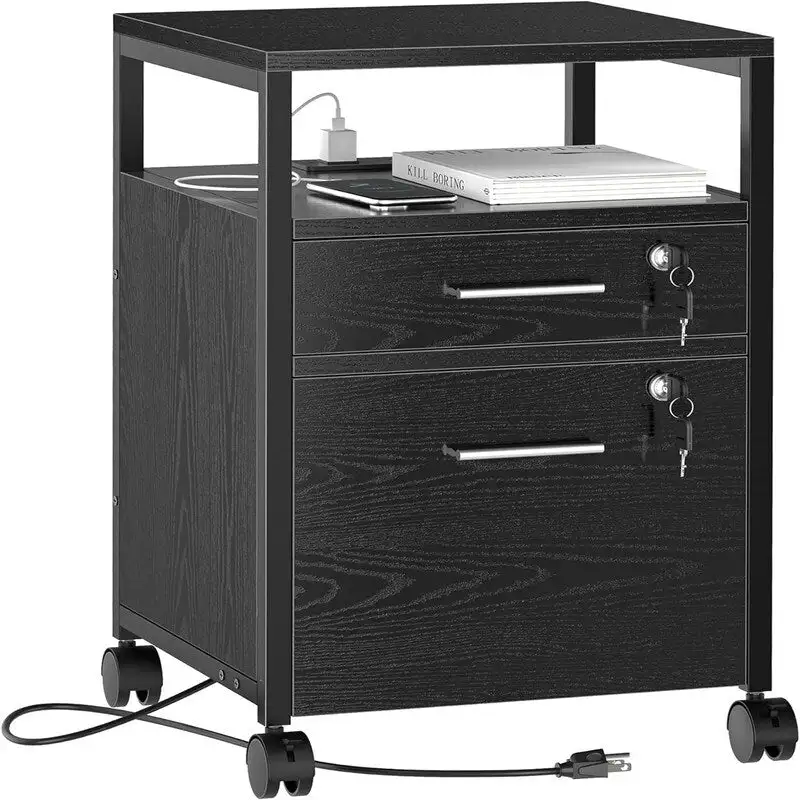 File Cabinet with Lock Charging Station 2 Drawers Rolling Filing Cabinet - 15.7 D x 15.7 W x 26 H