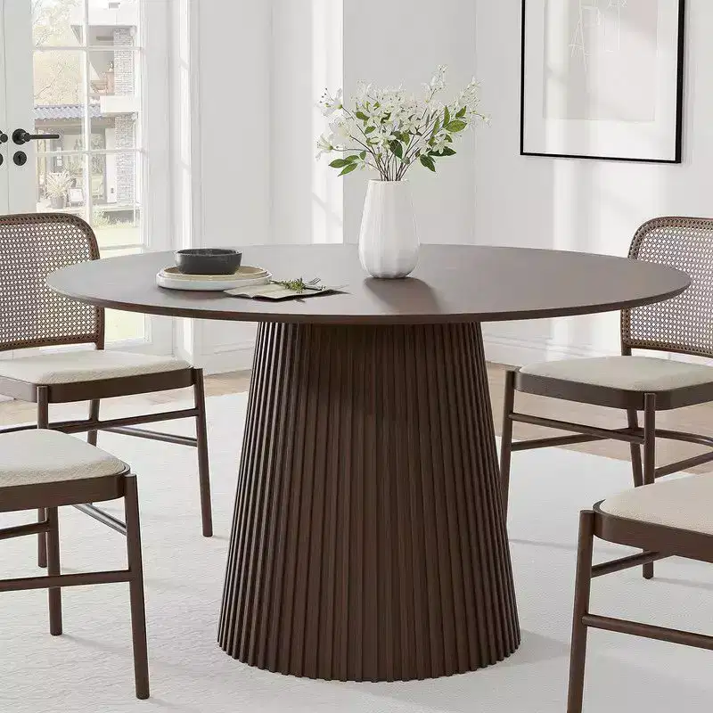 PexFix 46 Round Dining Table for 6 People Modern Pedestal Table with Fluted Cone Base & Wood MDF Top for Small Space Kitchen Dining Room Cafe Walnut