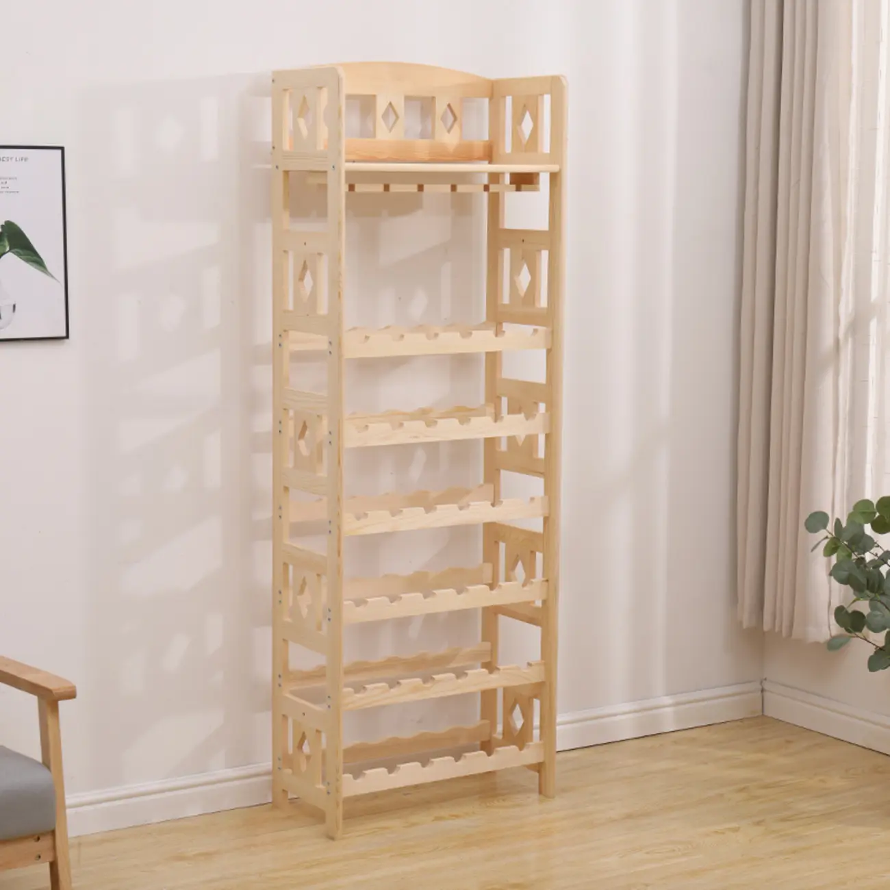 Free Standing Pine Wood Wine Racks with Bar Glass Holder Shelf
