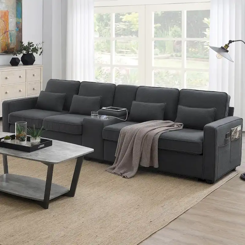 Modern Linen Fabric Upholstered Sofa with Console, 4Pillows,Cupholders,USB