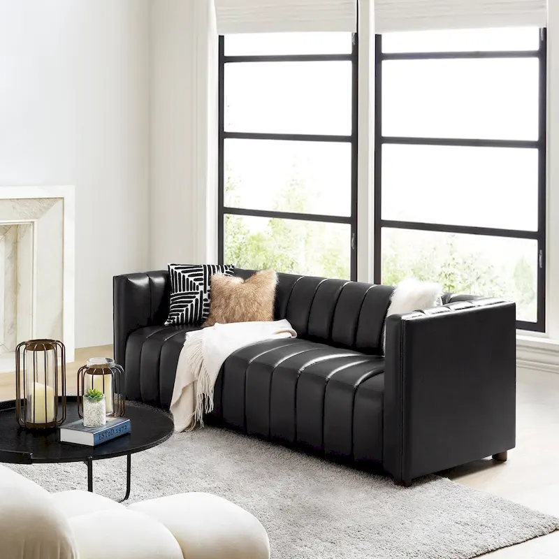 Modern Camel 83-Inch Genuine Leather Curved Couch with Channel Back