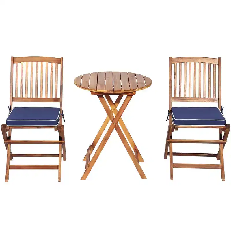 Costway 3PCS Patio Folding Wooden Bistro Set Cushioned Chair Conversation Cushion
