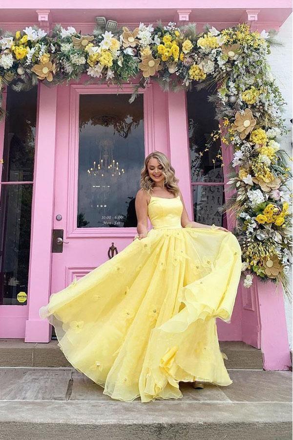 Straps Tulle Bodice 3D Flowers With Back Lace Up Yellow Prom Dress