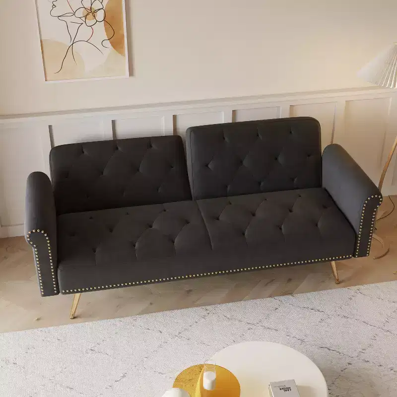 MAYEERTY Black Velvet Fabric Sofa Featuring Nail Head Trim and Accompanied By A Matching Throw Pillow
