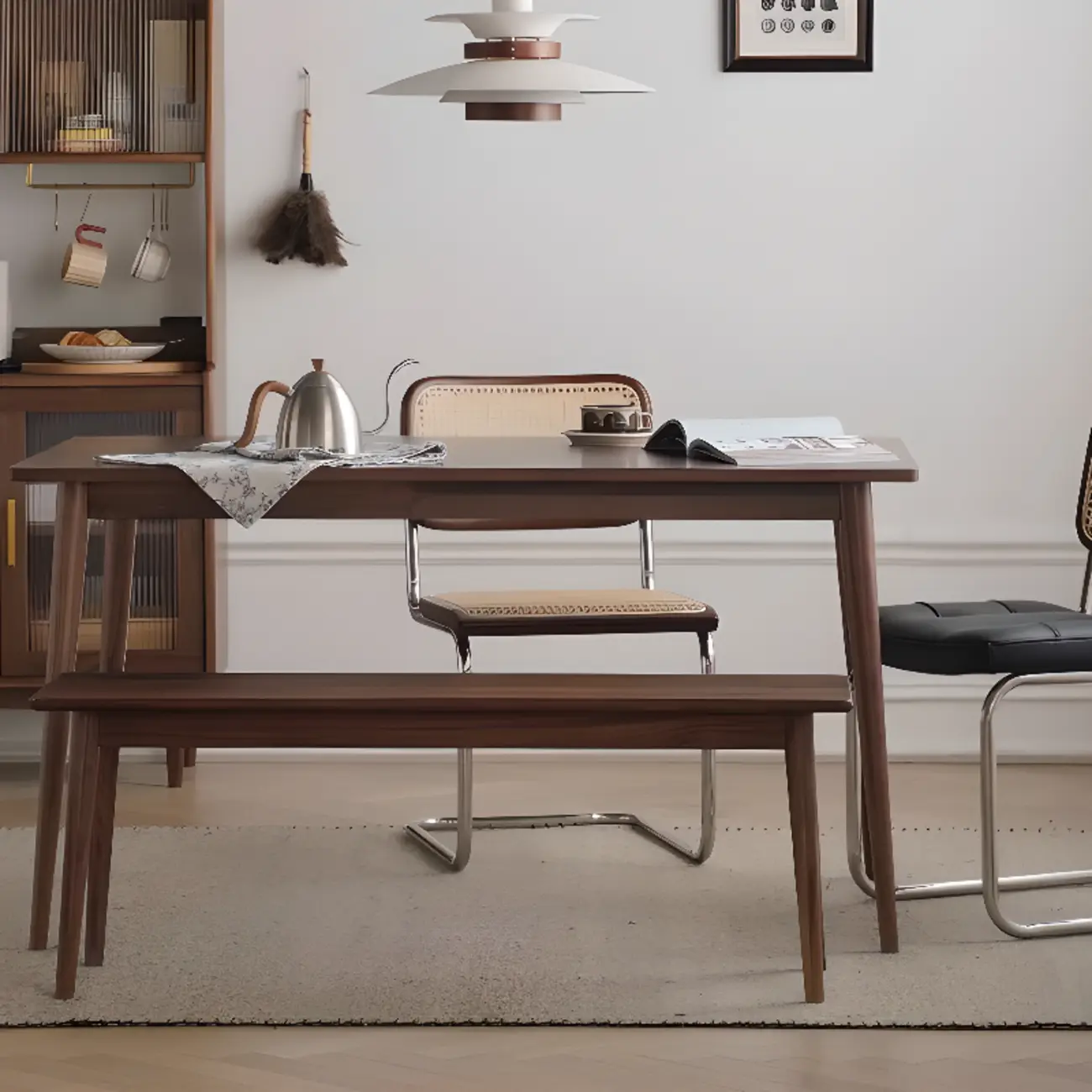 Modern Brown Cantilever Faux Leather Dining Chair Woven Back