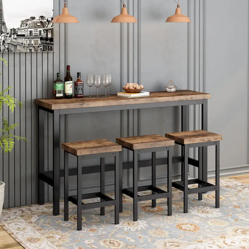 Counter Height Dining Table Set 60.2 4-Piece with 3 Stools Footrest Pub Kitchen MDF Steel